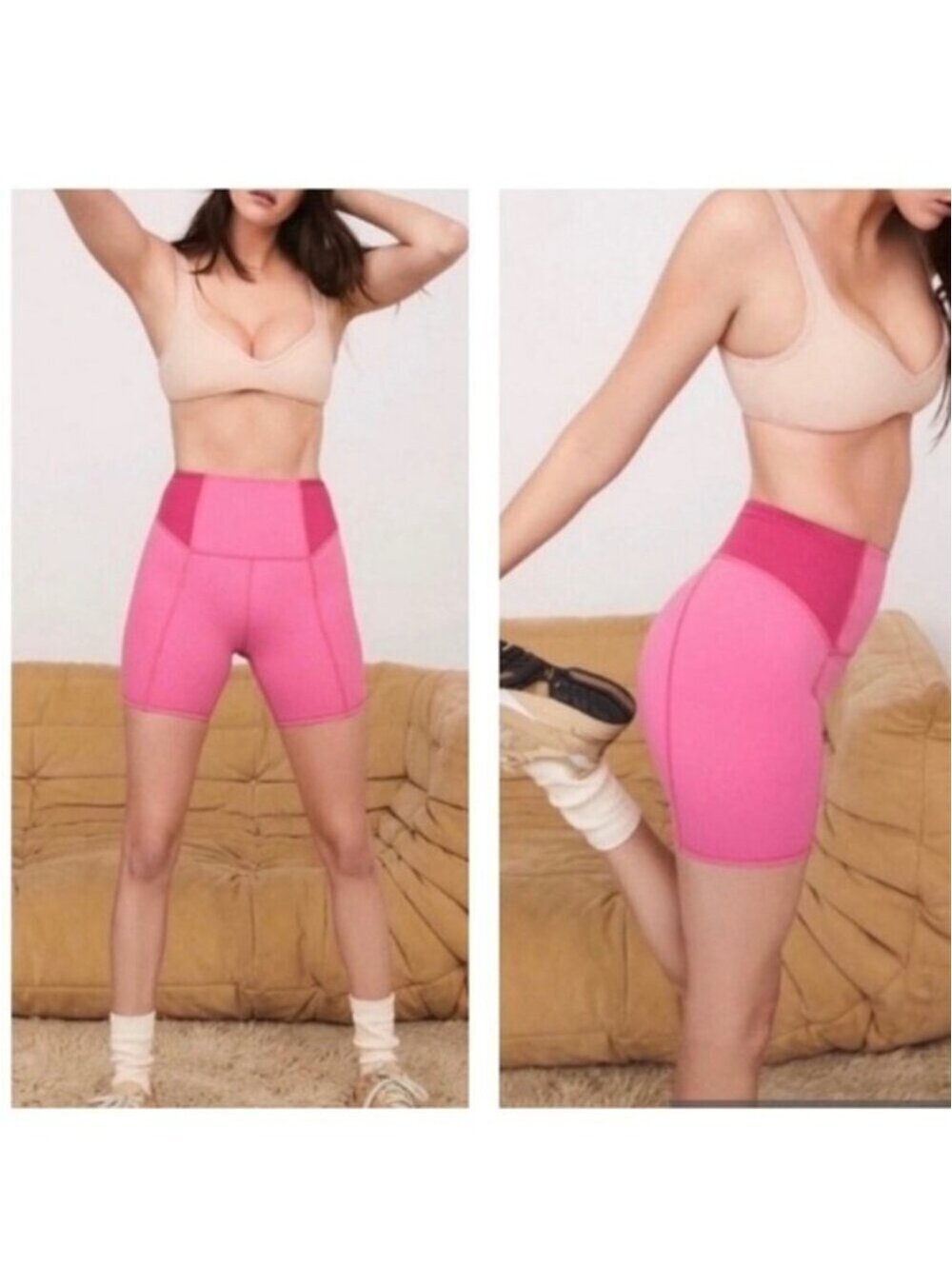 For Love & Lemons Rose Bubblegum Pink Dani Ribbed Color Block Biker Shorts